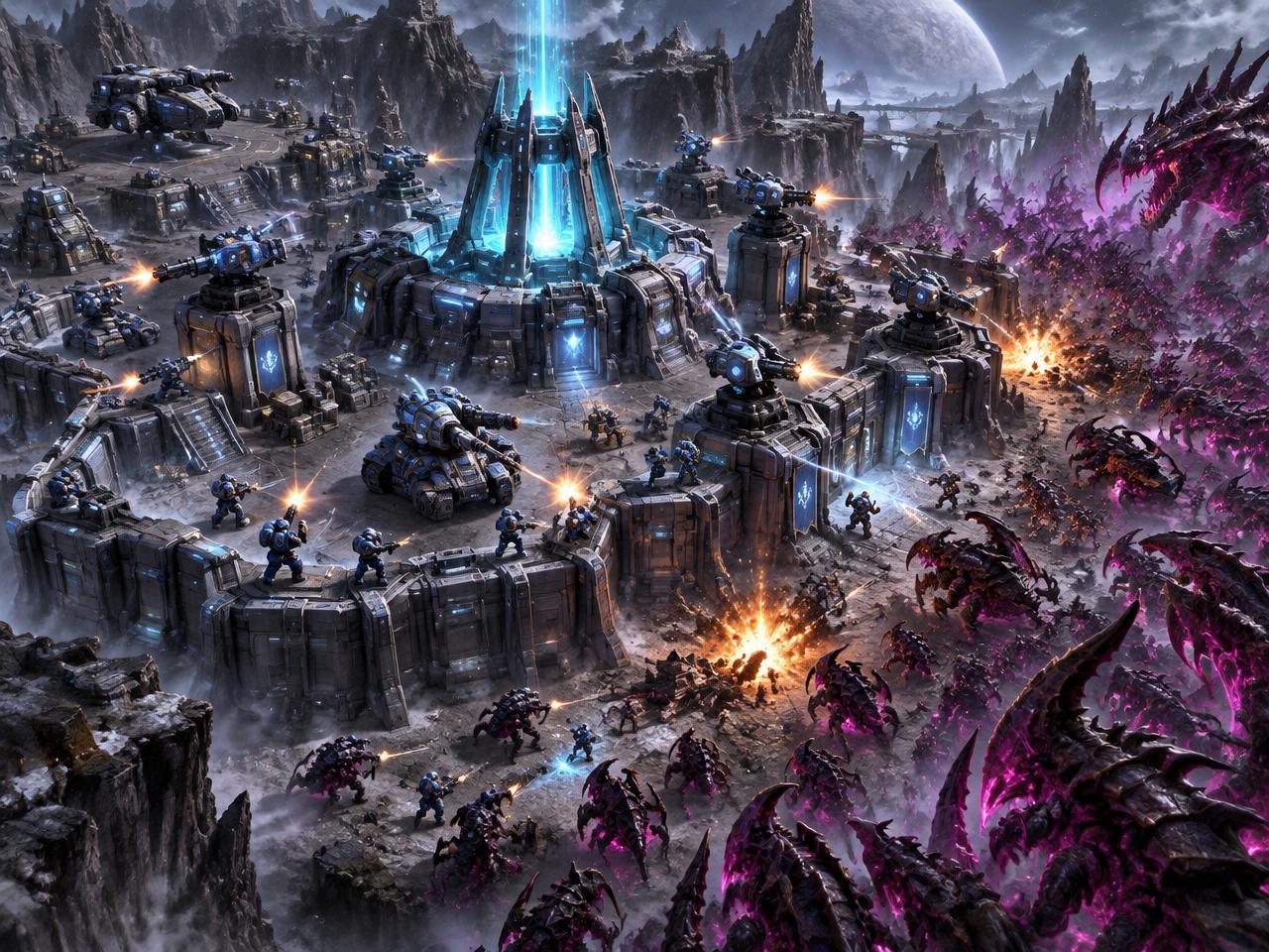 Starcraft: Last Bastion concept artwork of a futuristic fortress facing an alien swarm
